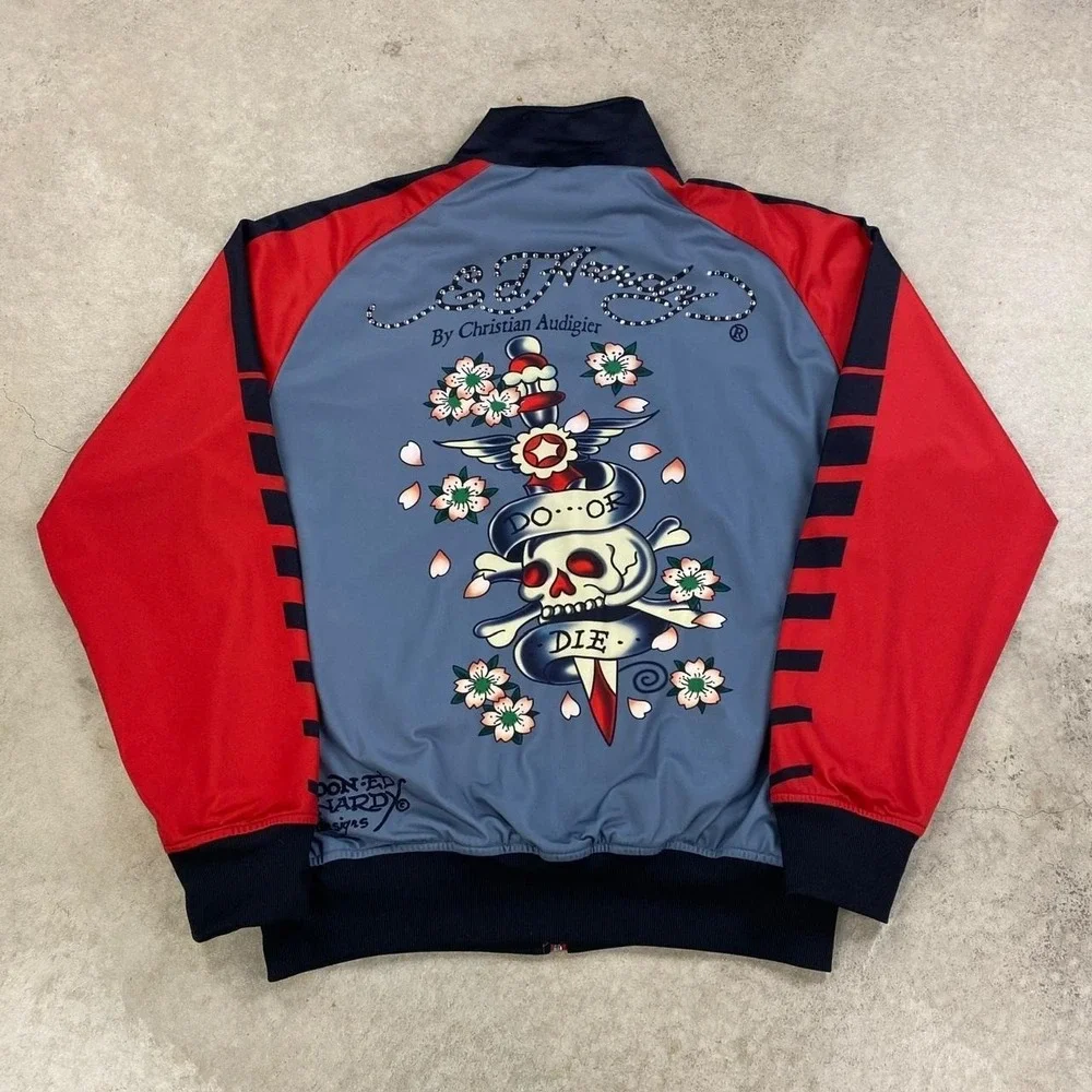 Vintage Y2K Ed Hardy Jacket Size XXL Gray Red Full Zip Christian Audigier Skull